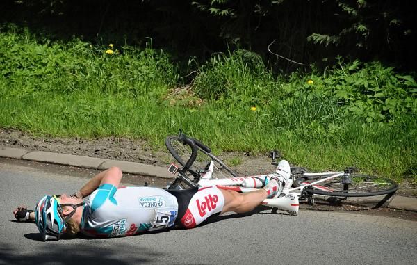 Maarten Neyens (Omega Pharma-Lotto) on the ground after his Paris-Roubaix crash