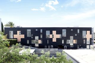 Black facade of apartment building