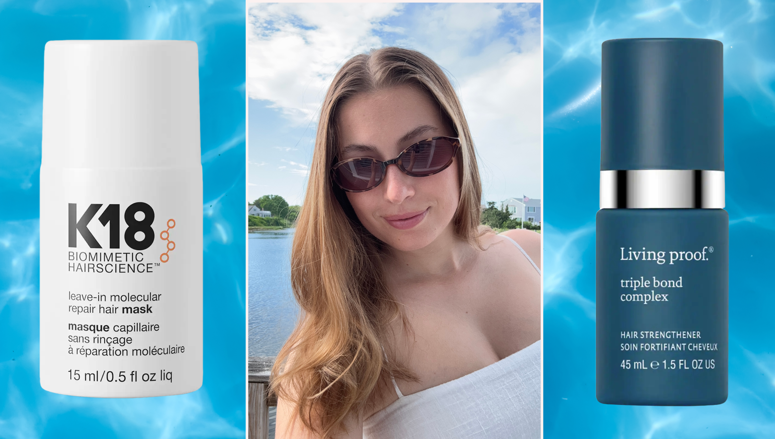 a water background with a woman in a frame with sunglasses in front of a lake next to two hair repair products
