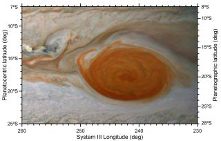 Image demonstrating the location of Jupiter's Great Red Spot. The large rusty orange storm is located in the center of the image.