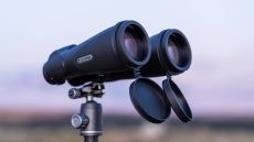 Celestron SkyMaster 15x70 ED Pro binoculars on a tripod at sunset