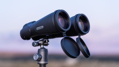 Celestron SkyMaster 15x70 ED Pro binoculars on a tripod at sunset