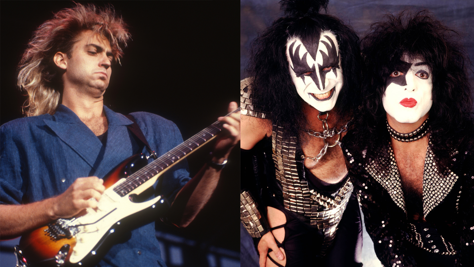 LEFT: Steve Farris performs with Mr. Mister at Riverfrest on Harriet Island in St. Paul, Minnesota on July 19, 1986. RIGHT: Gene Simmons (left) and Paul Stanley (right) 