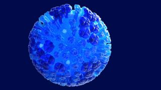 An illustration of a spherical flu virus particle depicted in different shades of blue