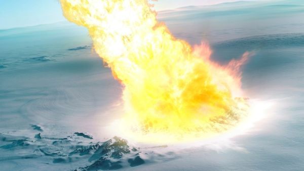 An artist&#039;s rendering of a massive airburst barreling into Antarctica - looks like a big plume of fire crashing into the ice