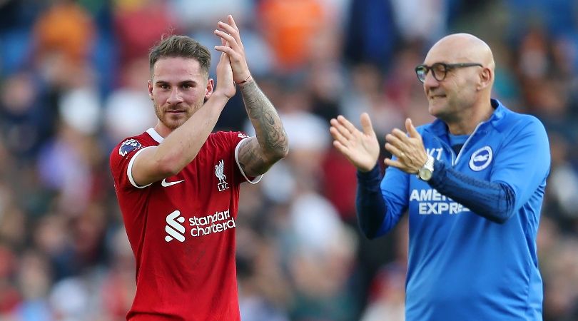 Liverpool&#039;s Alexis Mac Allister applauds the Brighton fans after a 2-2 draw at the Amex in October 2023.