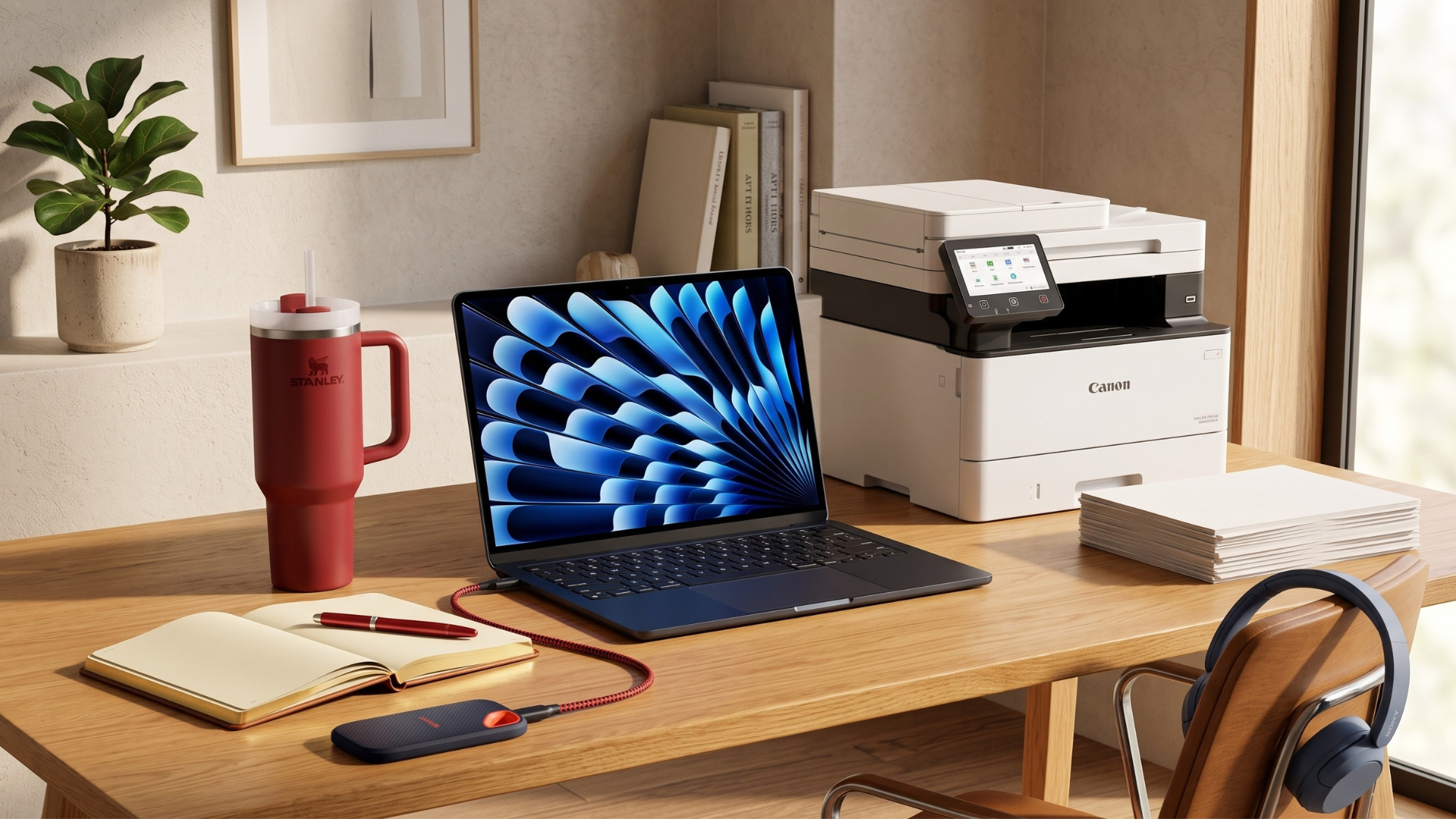 A selection of home office essentials on a desk in a brightly lit WFH setup, including a MacBook, Canon printer, and Stanley cup
