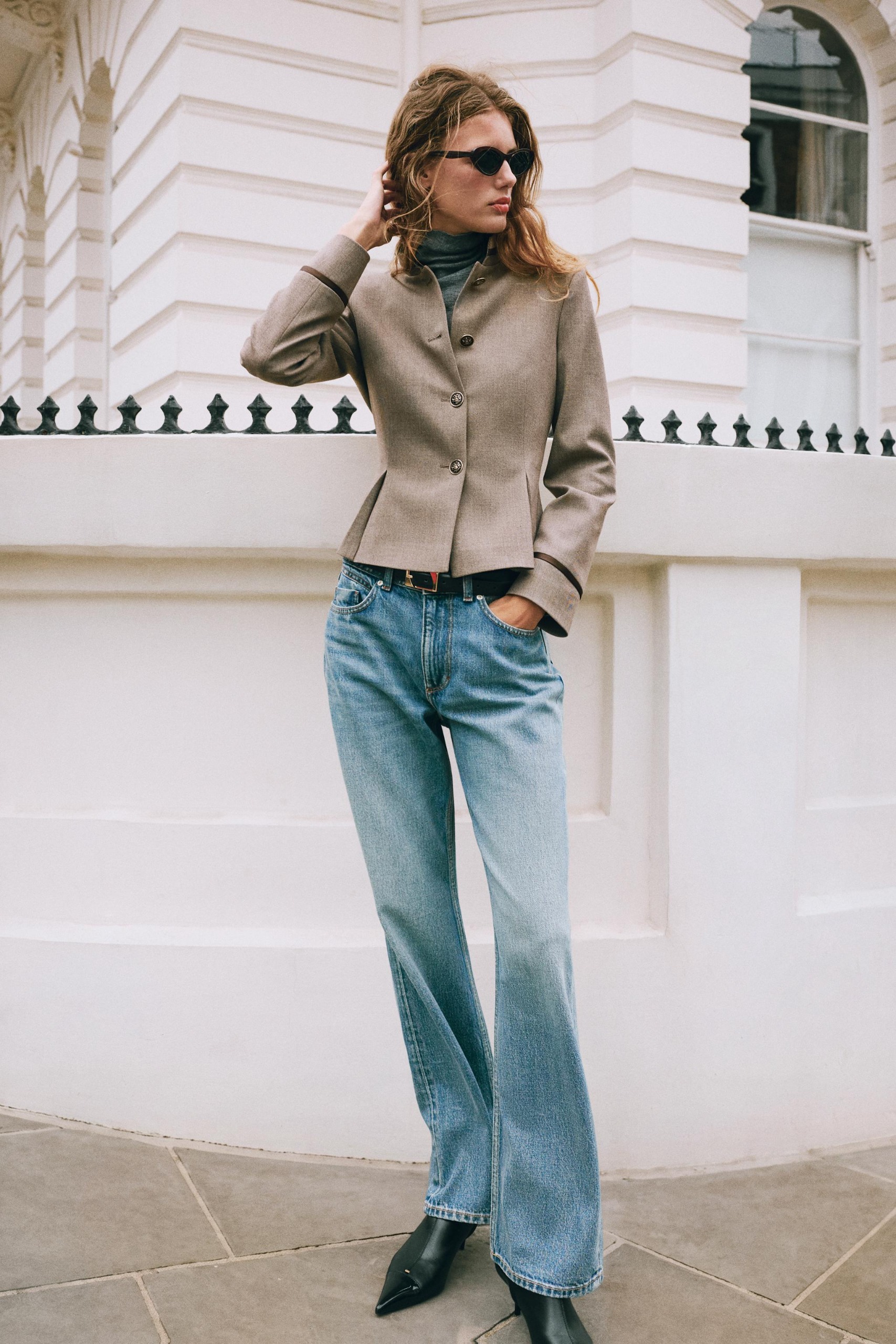 Peplum Blazer With Trims - Taupe Brown - Xs