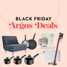 Cut out images of blue chair bed, saucepans, vacuum and stand mixer on pink background with text that says Black Friday Argos Deals