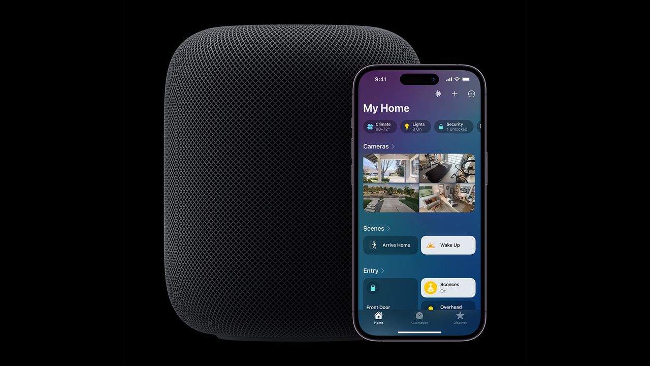 Apple HomePod with iPhone displaying Apple Home hub