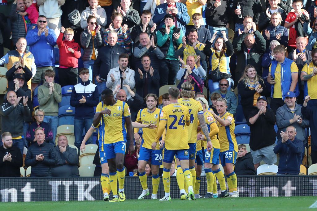 Mansfield Town&#039;s Ollie Clarke celebrates after scoring their first goal during the Sky Bet League 2 match between Mansfield Town and Barrow at the One Call Stadium, Mansfield on Saturday 23rd September 2023. (Photo by Mark Fletcher/MI News/NurPhoto via Getty Images)