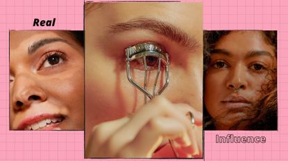 Vaseline eyelashes: three close up images on women&#039;s eyelashes, and one image of someone curling their eyelashes with an eyelash curler/ in a pink template for MIL&#039;s &#039;Real Influence&#039;