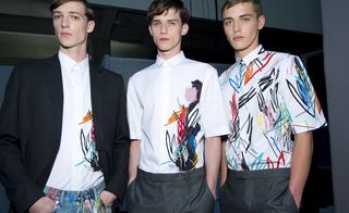 Male models wearing white patterned shirts from the Dior SS2015 collection
