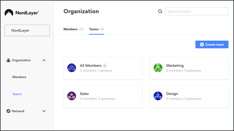 The NordLayer web dashboard displaying a team structure