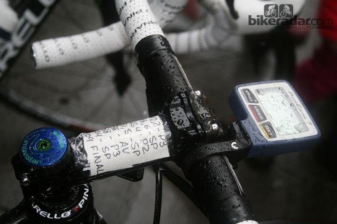 A Movistar rider with the day&rsquo;s obstacles noted down.