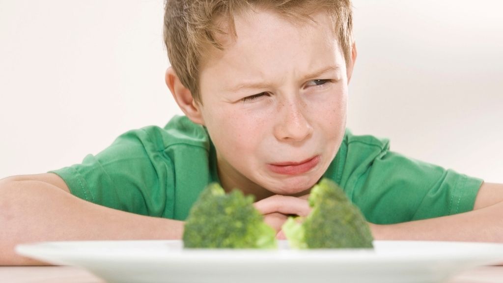 a young child sits at a table behind a plate of broccoli and looks grossed out