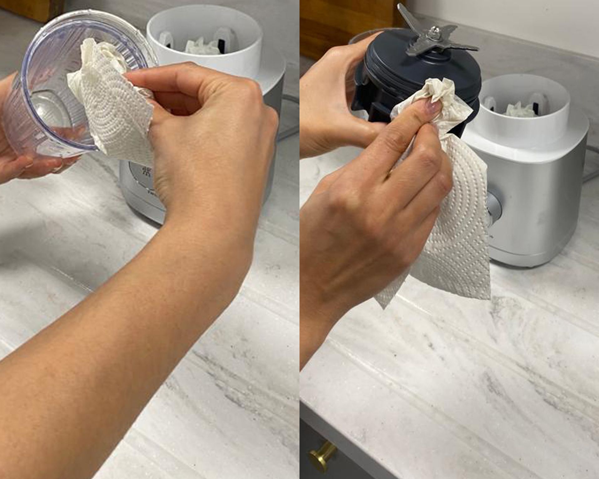 Christina Chrysostomou mengeringkan komponen blender pribadi kembar dengan handuk kertas di Reading, dapur uji UK Future Plc