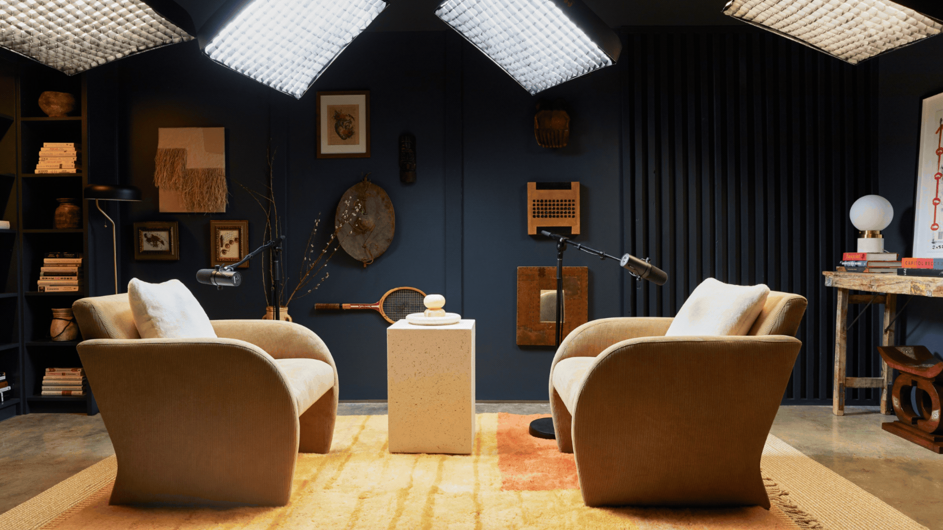 Podcast set designs from Jay Shetty and the digital render for Therapuss
