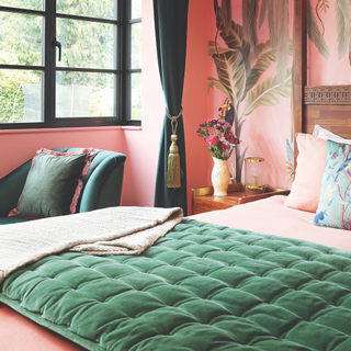 Pink and green tropical themed bathroom