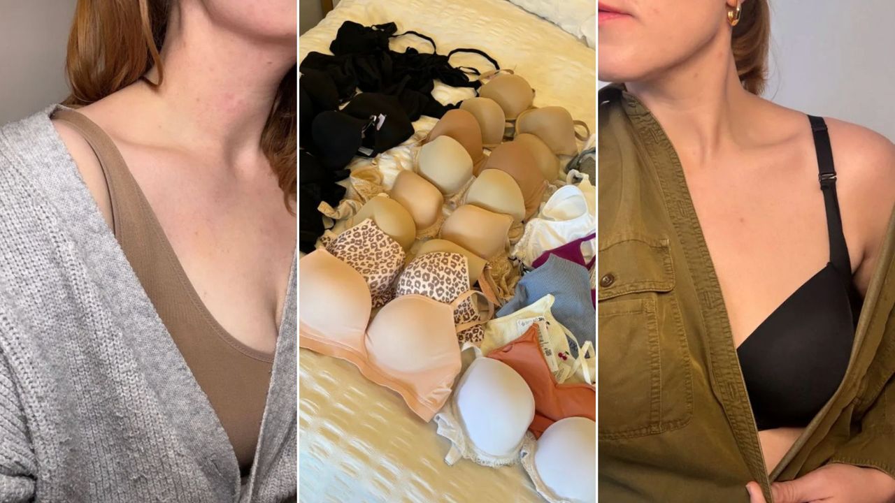Three images of Matilda Stanley testing the best bras for back fat 