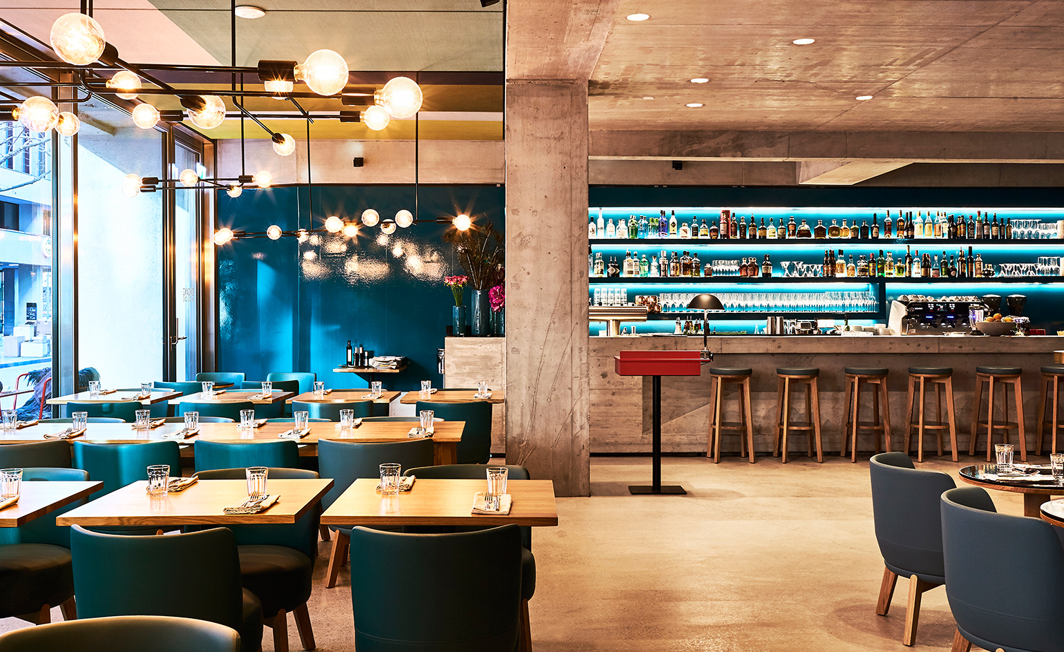 A hotel bar and tables