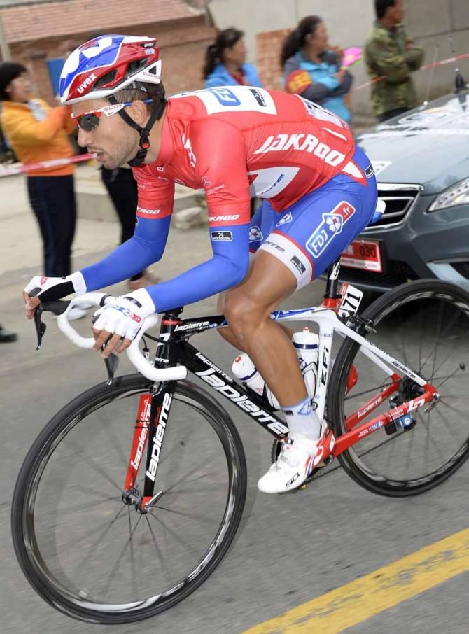 Nacer Bouhanni (FDJ) in the red jersey of overall leader at the Tour of Beijing.
