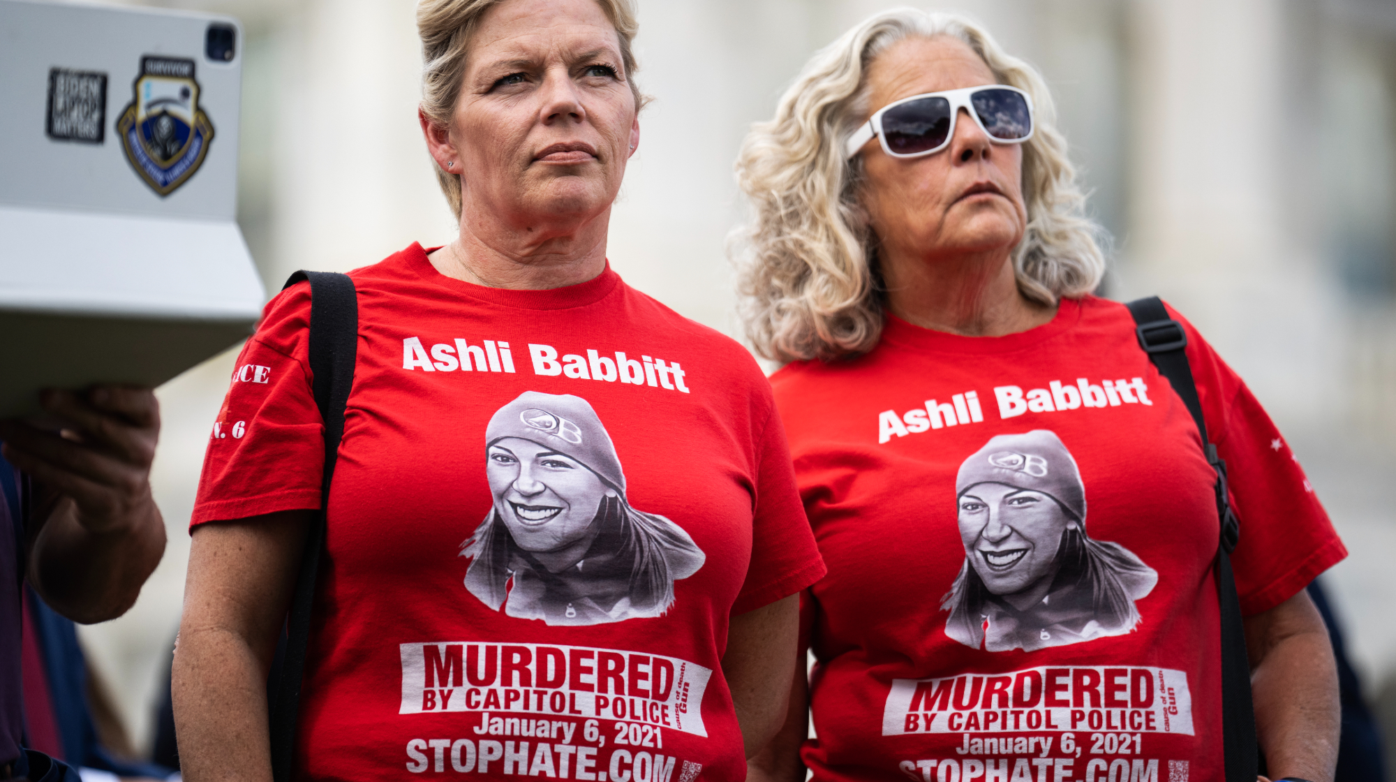 Micki Witthoeft, the mother of Ashli Babbitt, and Nicole Reffitt, the wife of convicted rioter Guy Reffitt, attend a news conference with members of the House Freedom Caucus outside the U.S. Capitol on Tuesday, September 12, 2023. 