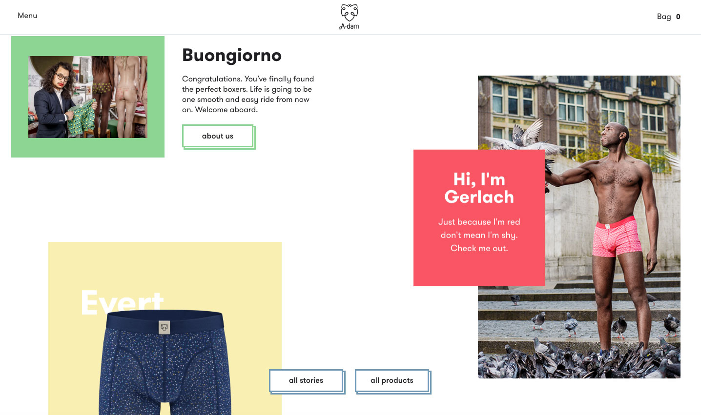 Screenshot of the A-dam website shows men in underwear