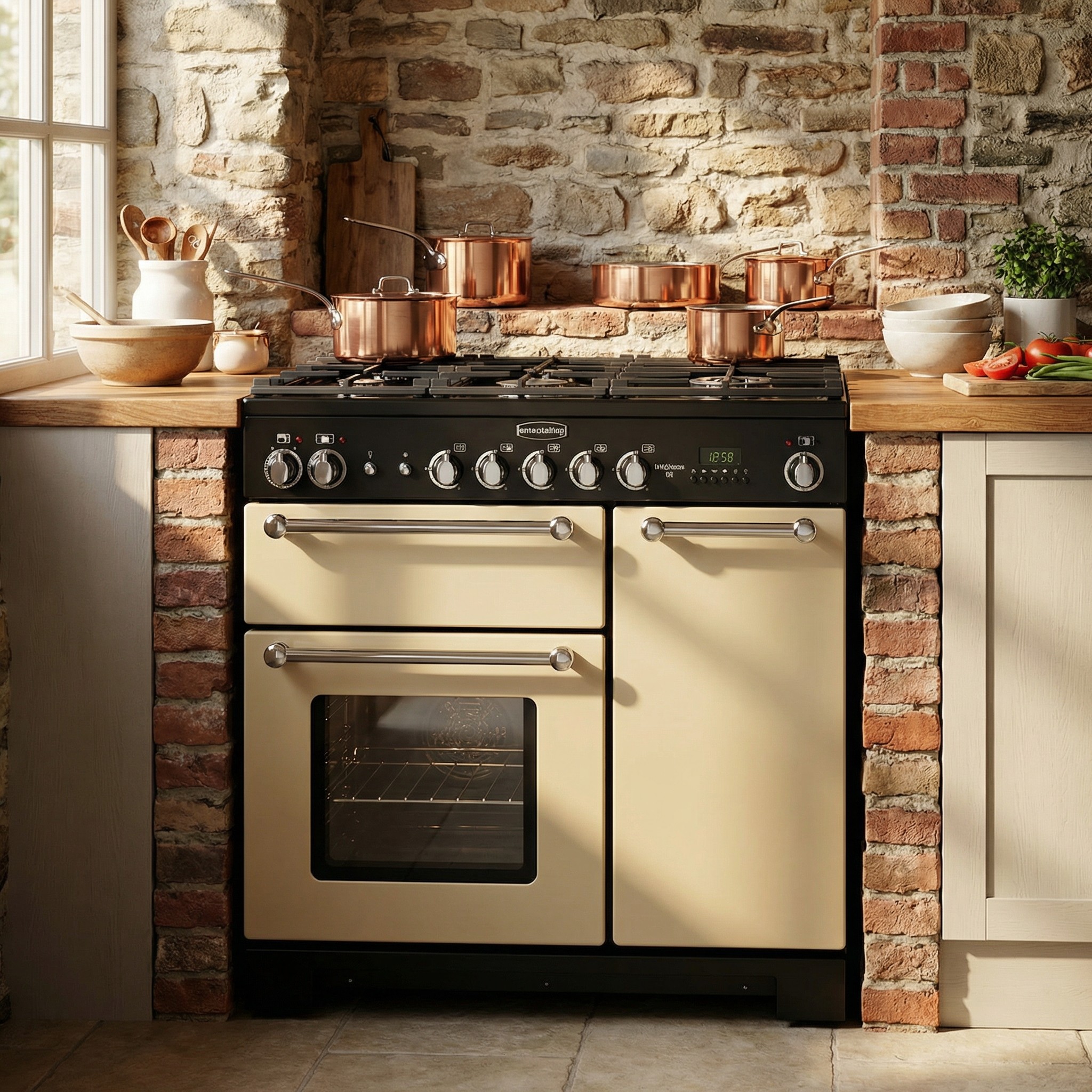 Rangemaster Classic Deluxe 90 Dual Fuel Range Cooker in a brick kitchen
