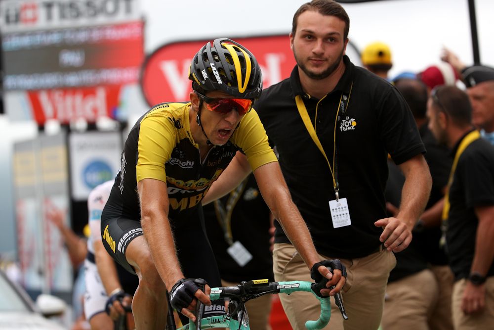 George Bennett crosses the line after stage 12 at the Tour de France