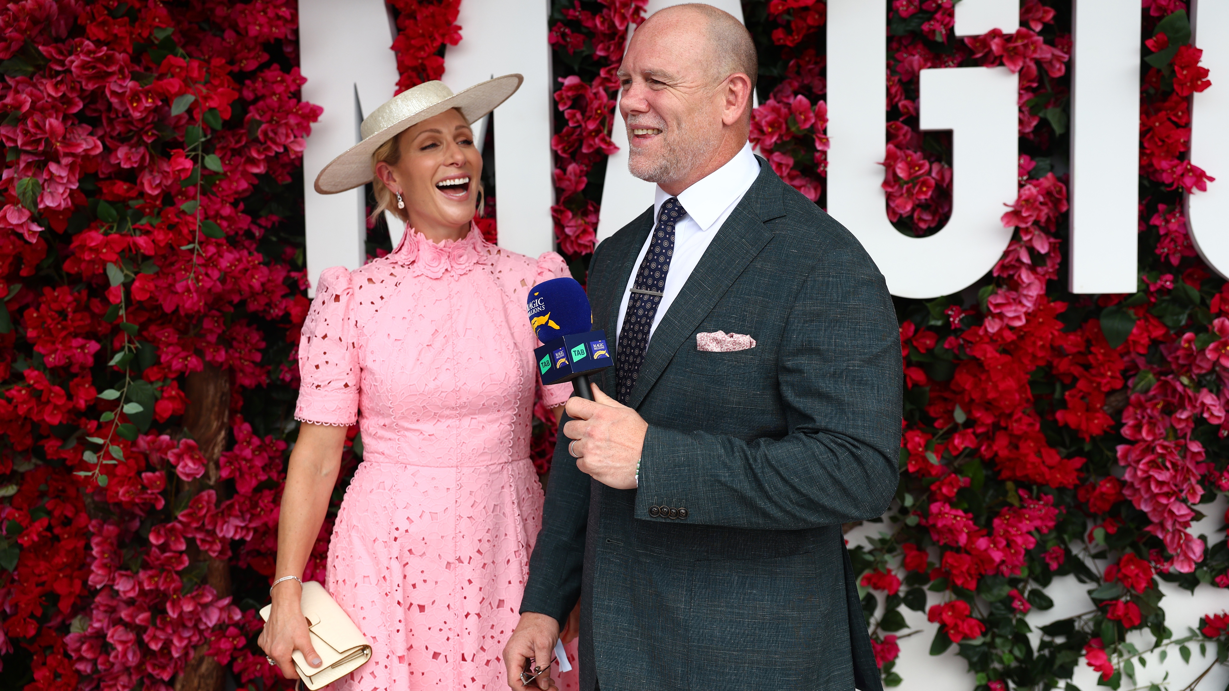 Magic Millions ambassador Zara Tindall and Mike Tindal arrive for the Magic Millions Raceday at Gold Coast Turf Club at on January 17, 2026