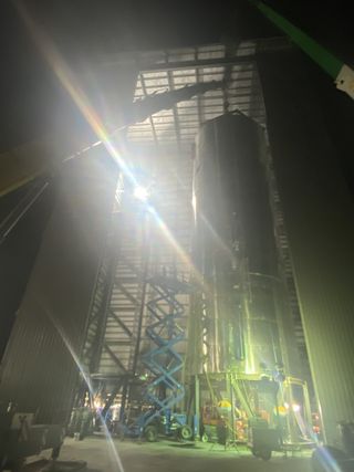 Elon Musk posted this photo of SpaceX's recently stacked Starship prototype, the SN3, on March 26, 2020.