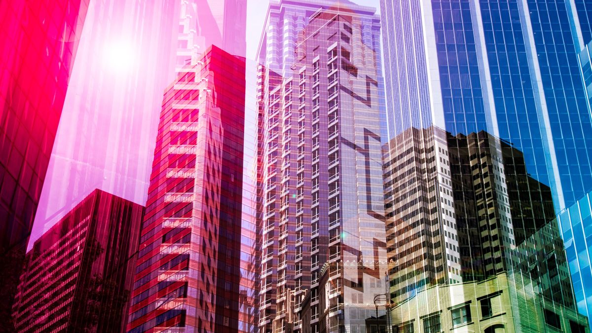 Colourful reflections on glass skyscrapers