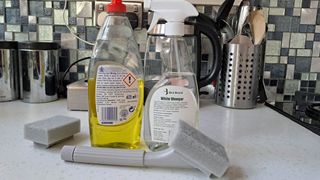 Dish soap, white vinegar and dish wand