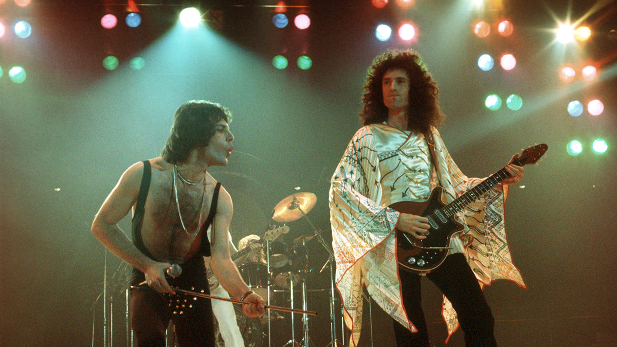 Freddie Mercury and Brian May onstage with Queen in the early '70s