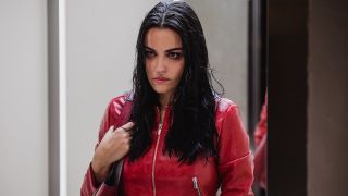 Maite Perroni in El Juego De Las Llaves looking angry with smeared mascara and a red jacket