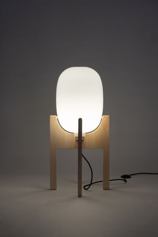 handblown glass floor lamp on solid wood base