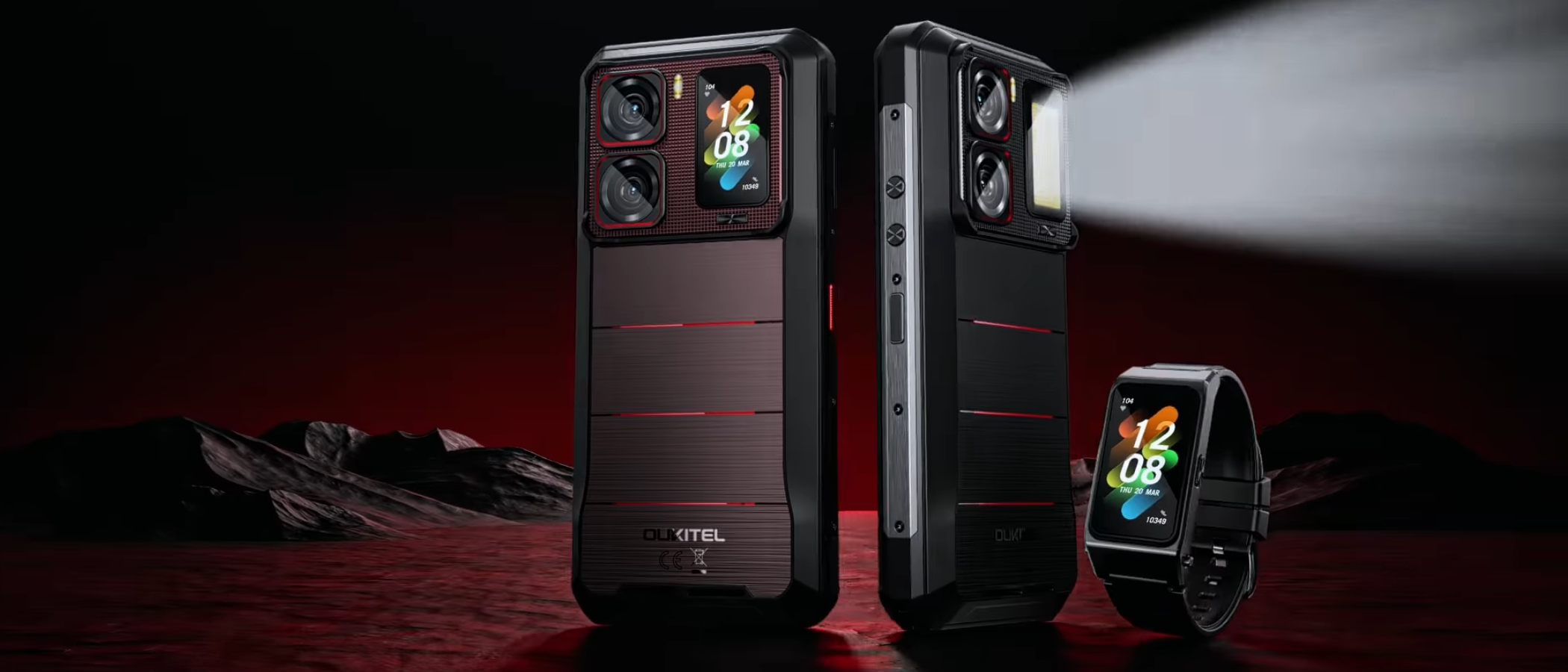 Oukitel WP300 phones and earbud against a black and red rocky background