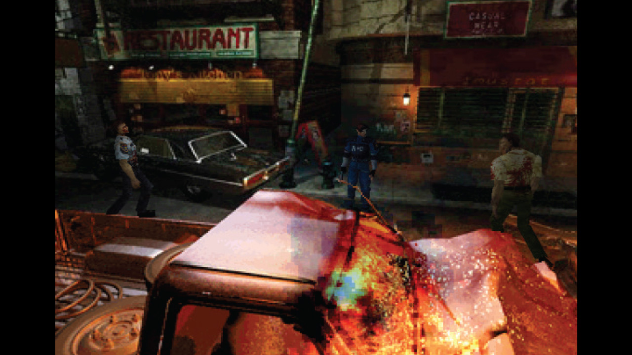 Leon Kennedy stands in front of a burning truck in Resident Evil 2 for the PS1, as zombies approach from all sides
