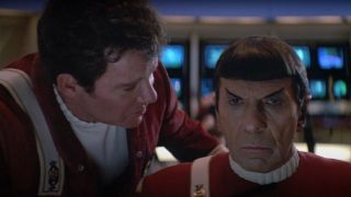 William Shatner speaks with Leonard Nimoy on the bridge in Star Trek V: The Final Frontier.