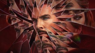 Benedict Cumberbatch as Doctor Strange in the center of a series of shards that include Elizabeth Olsen as Wanda Maximoff in a poster for Doctor Strange in the Multiverse of Madness