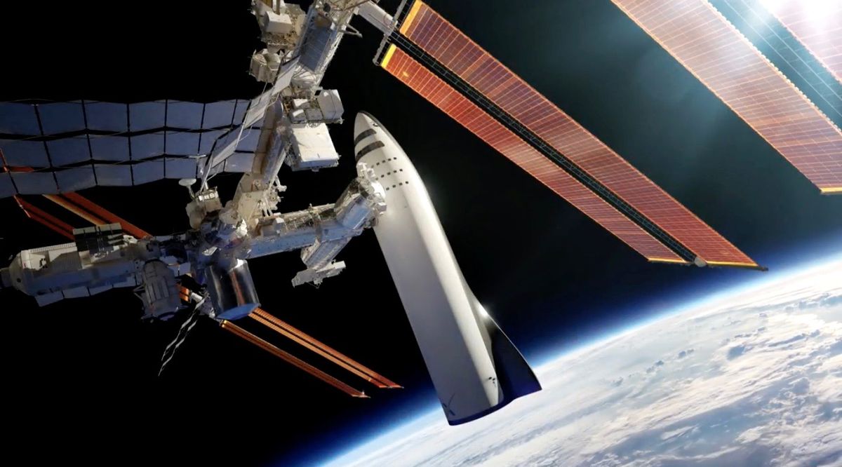 Artist&rsquo;s illustration of the BFR spaceship docked at the International Space Station.