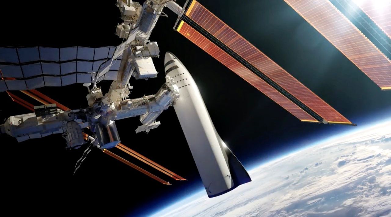 Artist&rsquo;s illustration of the BFR spaceship docked at the International Space Station.