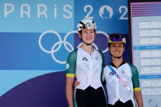 Tiffany Keep and Ashleigh Moolman-Pasio at the women's Olympic road race in 2024