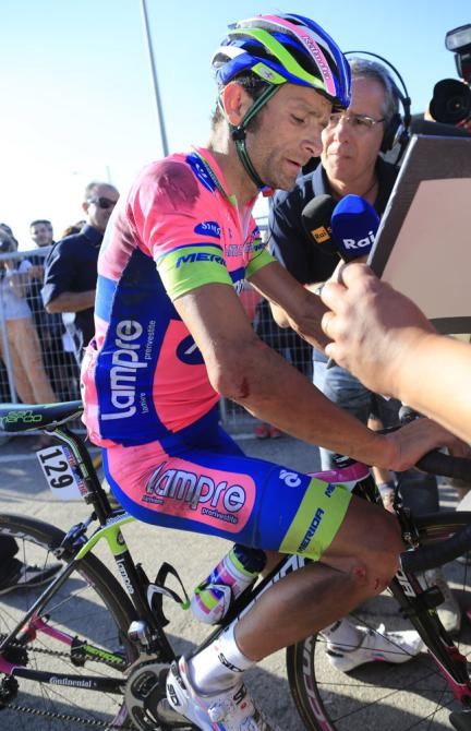Michele Scarponi (Lampre-Merida) speaks to the press after stage 3 where a crash on the final descent put his overall GC hopes in jeopardy.