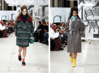Miu Miu: One look features an oversized plaid green coat with a red collar