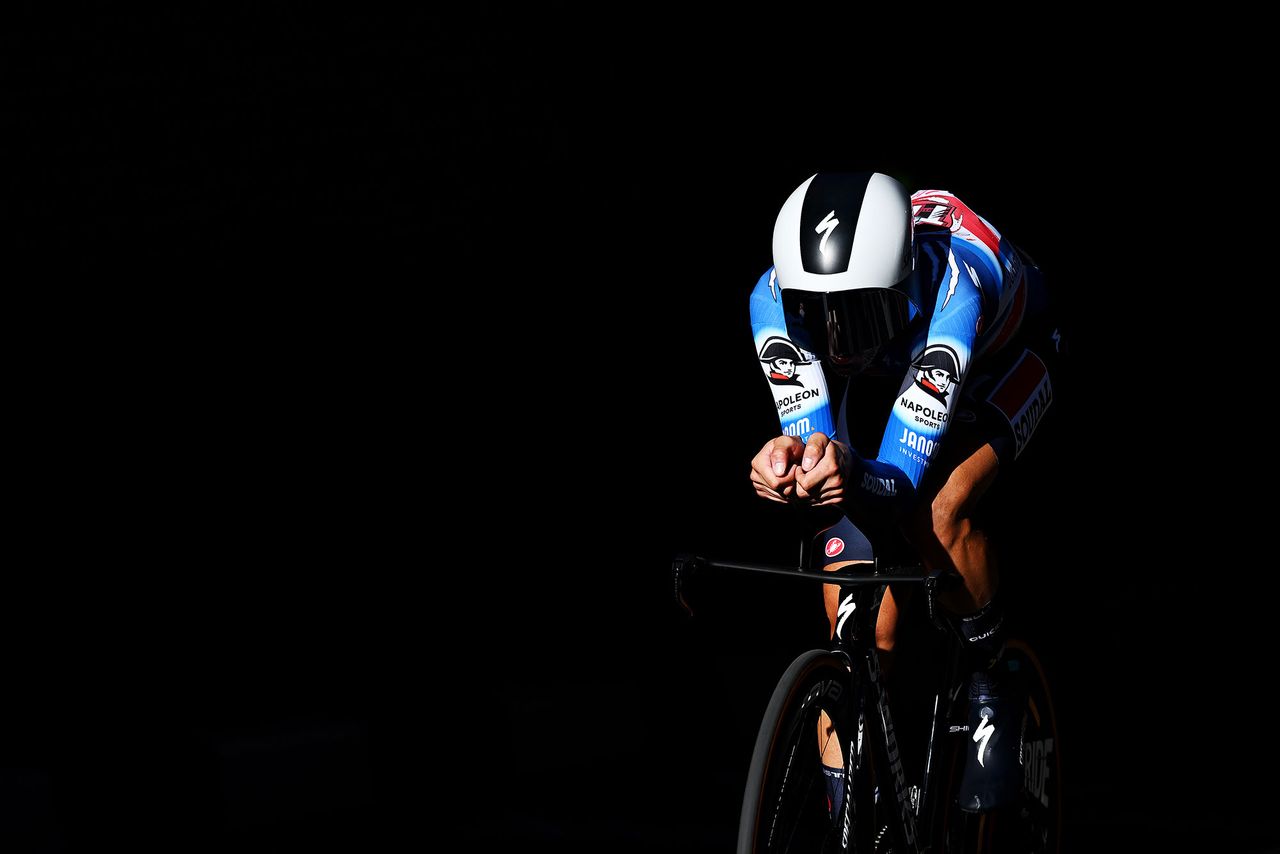 MADRID, SPAIN - SEPTEMBER 08: Mattia Cattaneo of Italy and Team T-Rex Quick Step sprints during the La Vuelta - 79th Tour of Spain 2024, Stage 21 a 24.6km individual time trial stage from Madrid to Madrid / #UCIWT / on September 08, 2024 in Madrid, Spain. (Photo by Dario Belingheri/Getty Images)