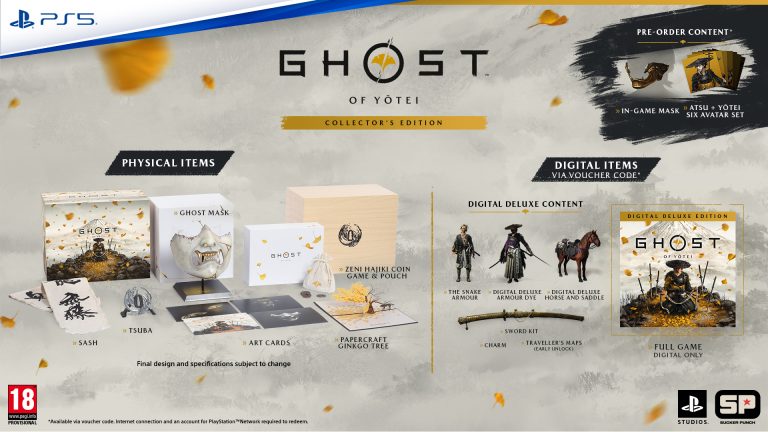 Ghost of Yotei Collector's Edition graphics showing physical collecables and digital in-game items