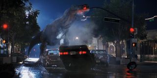 A T-Rex destroying a streetlight during the San Diego Incident in The Lost World: Jurassic Park