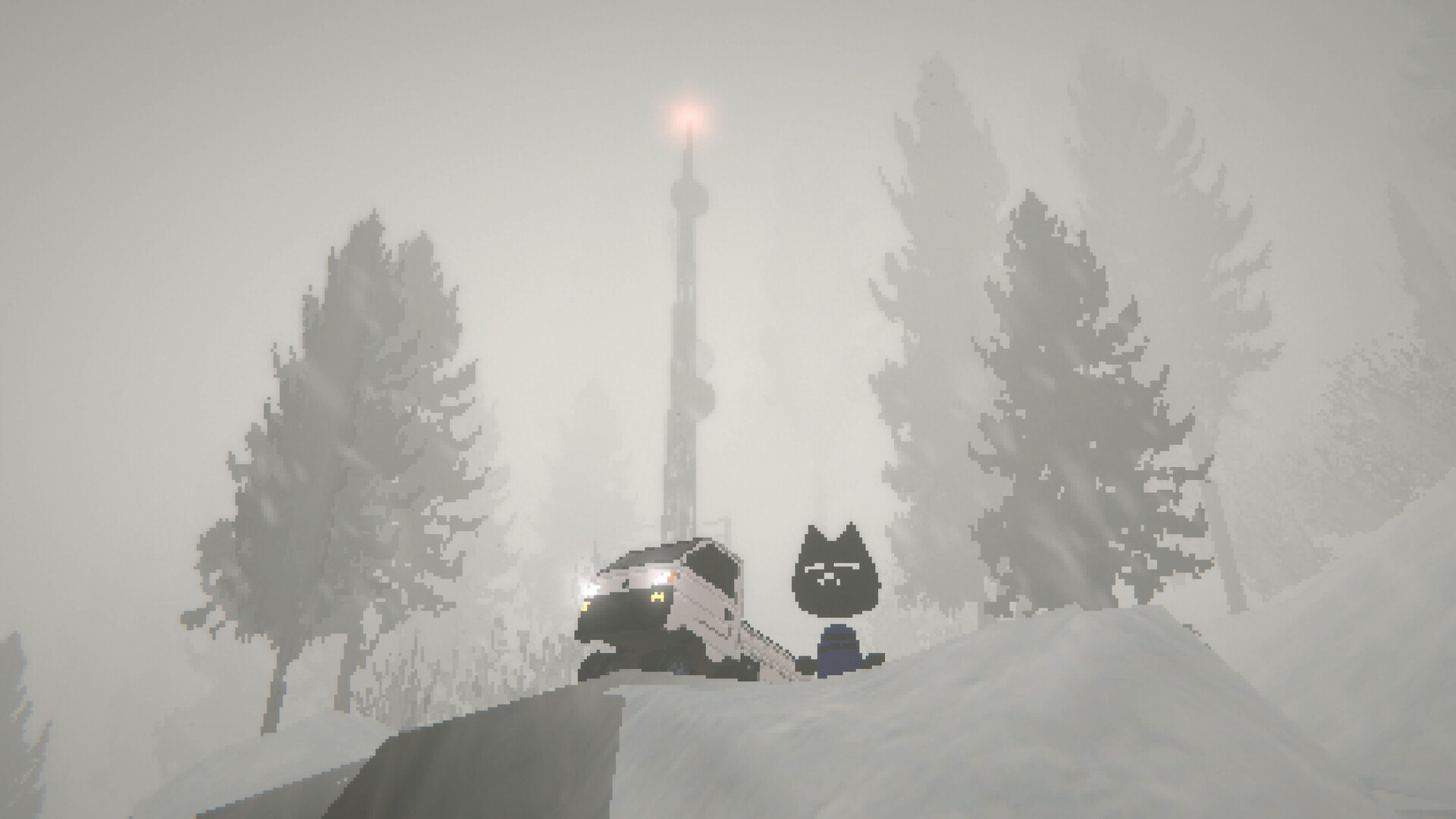 Easy Delivery Co. screenshot featuring a polygonal truck and cat on a foggy ledge